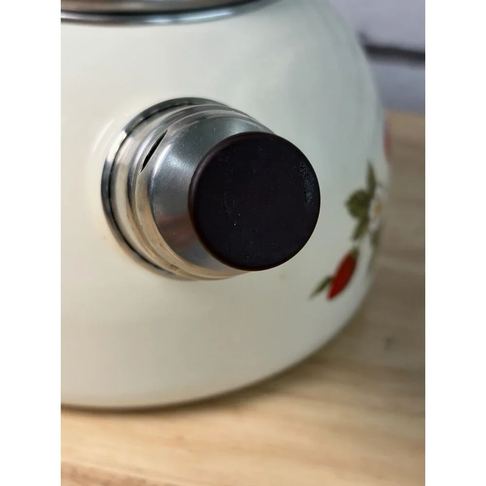Vintage Strawberry Enamel Whistling Tea Kettle Farmhouse Kitchen Decor